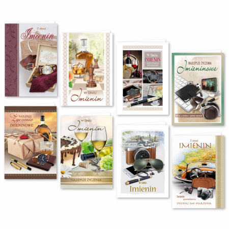 Zdjęcie przedstawia zestaw eleganckich kartek imieninowych dla mężczyzn, ozdobionych klasycznymi grafikami: butelki whisky i kieliszki, szachy, mapy i podróżnicze akcesoria, zegarki, okulary przeciwsłoneczne, samochody retro oraz zestawy piór i cygar. Utrzymane w stonowanej kolorystyce brązów, beżów i zieleni, z wyraźnym, eleganckim napisem ‘W dniu imienin’. Kartki idealne na prezent dla ojca, dziadka, brata czy przyjaciela.