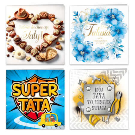 Zdjęcie przedstawia kartki okolicznościowe na Dzień Taty w czterech stylach: z sercem z czekoladek, z niebieskim kwiatowym wieńcem, komiksowym napisem Super Tata oraz narzędziami z napisem Mój Tata to mistrz świata.