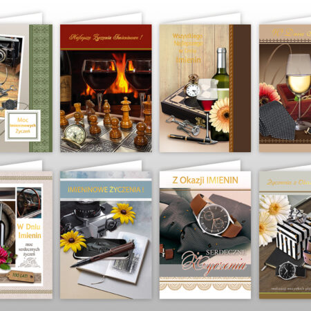Zdjęcie przedstawia zestaw eleganckich kartek imieninowych dla mężczyzn. Projekty zawierają motywy związane z klasyczną męską estetyką – zegarki, wina, aparaty fotograficzne, pióra, szachy czy krawaty. Dominują kolory brązowe, szarości i bordo, nadające całości stylowego i wyrafinowanego charakteru.