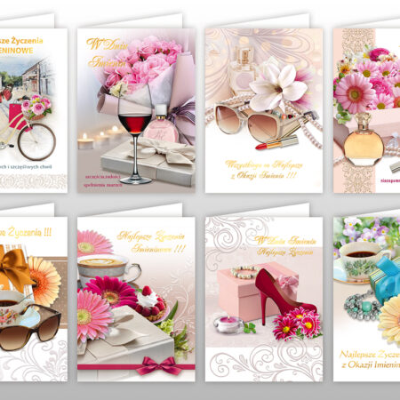 Zdjęcie przedstawia osiem kartek imieninowych w kobiecych wzorach.