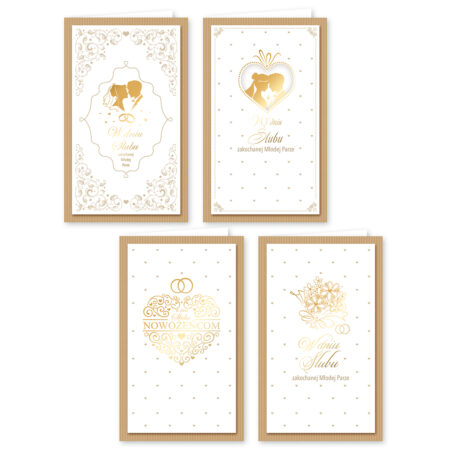 Na zdjęciu widoczne są minimalistyczne kartki ślubne w biało-złotej kolorystyce z sylwetkami młodej pary, sercem, obrączkami i kwiatami.