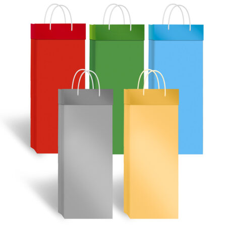 Na zdjęciu widoczne są torby prezentowe jednokolorowe (czerwona, zielona, niebieska, srebrna i złota).