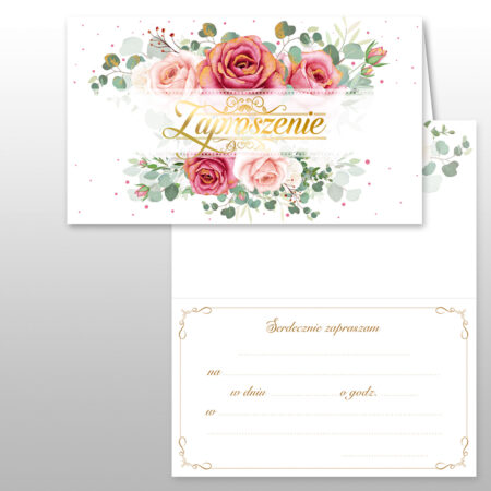 Zdjęcie przedstawia: Zaproszenie Ogólne Zestaw 5 sztuk + koperty z różami na białym tle
