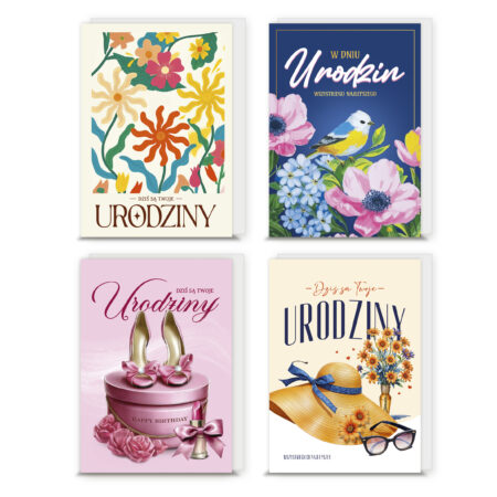 Zdjęcie przedstawia kolorowe kartki urodzinowe z delikatnymi kwiatowymi motywami. Wzory przedstawiają różnobarwne kwiaty na tle w stylu retro, kompozycję różowo-niebieskich kwiatów z ptaszkiem, kartkę w różowym stylu z butami na obcasie oraz elegancki projekt z kapeluszem, bukietem kwiatów i okularami. Kartki idealne dla kobiet, utrzymane w radosnej i eleganckiej stylistyce.
