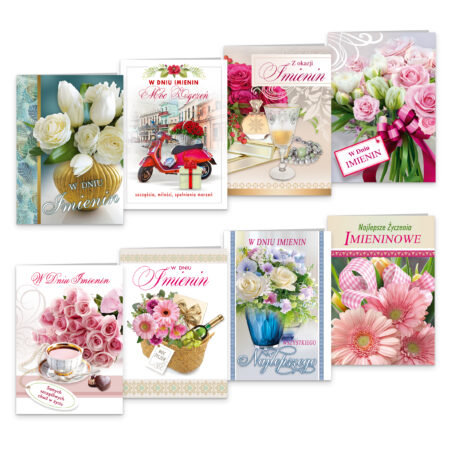 Zdjęcie przedstawia zestaw kartek imieninowych dla kobiet, ozdobionych romantycznymi motywami kwiatowymi. Wzory przedstawiają białe tulipany, różowe róże w koszu, bukiety gerber i róż, eleganckie kompozycje z kieliszkiem szampana, filiżanką kawy i czekoladkami, a także dynamiczny motyw z czerwonym skuterem i kwiatami. Utrzymane w pastelowych i eleganckich barwach, idealne na imieniny dla mamy, babci, cioci lub przyjaciółki.