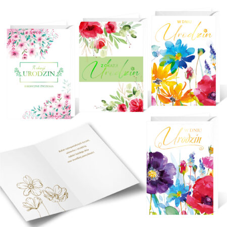 Kartki z okazji urodzin z kwiatowym motywem, w środku złote życzenia "Bukiet najwspanialszych życzeń, uśmiechu i szczęścia, radości każdego dnia oraz wszelkiej pomyślności".
