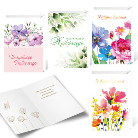 Kartki z okazji urodzin z kwiatowym motywem, w środku złote życzenia "Bukiet najwspanialszych życzeń, uśmiechu i szczęścia, radości każdego dnia oraz wszelkiej pomyślności".