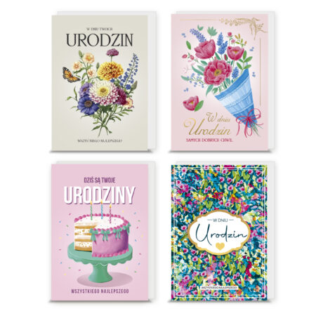 Zdjęcie przedstawia zestaw kartek urodzinowych ozdobionych motywami florystycznymi i dekoracyjnymi. Wzory obejmują realistyczny bukiet kwiatów z motylem, różowe kwiaty w bukiecie z kokardą, tort urodzinowy z trzema świeczkami na zielonej paterze oraz pełną kolorowych kwiatów kartkę z napisem ‘W dniu Urodzin’. Kartki mają elegancki charakter i nadają się na prezent urodzinowy dla bliskich.