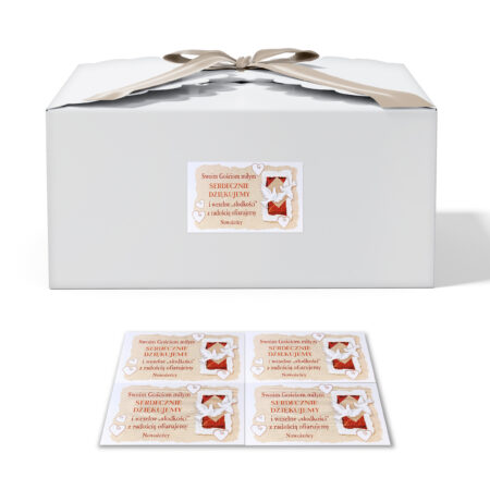 Zdjęcie przedstawia Naklejki na Ciasto Weselne 20 sztuk. "Swoim Gościom miłym serdecznie dziękujemy i weselne słodkości z radością ofiarujemy Nowożeńcy."