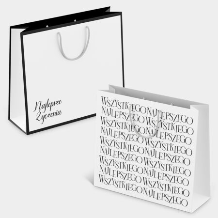 Zdjęcie przedstawia: torebka ozdobna duża "Wszystkiego najlepszego" , "najlepsze życzenia" białe.