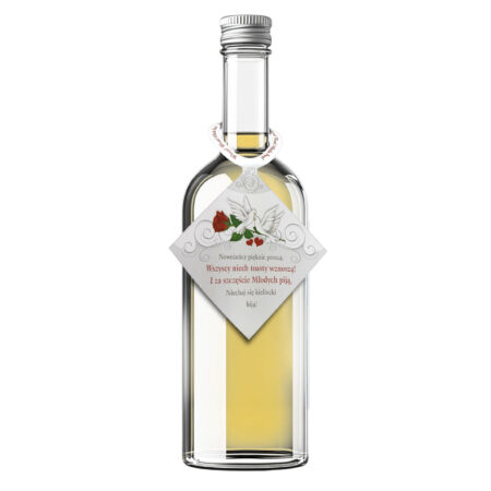 Zdjęcie przedstawia zawieszkę na alkohol z motywem gołębi i róż z napisem "Nowożeńcy pięknie proszą, Wszyscy niech toasty wznoszą! I za szczęście młodych piją, Niechaj się kieliszki biją!".