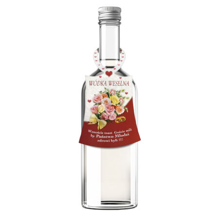 Zdjęcie przedstawia zawieszkę na alkohol z napisem "Wódka weselna - Wznoście toast Goście mili by Państwo Młodzi zdrowi byli!!!".