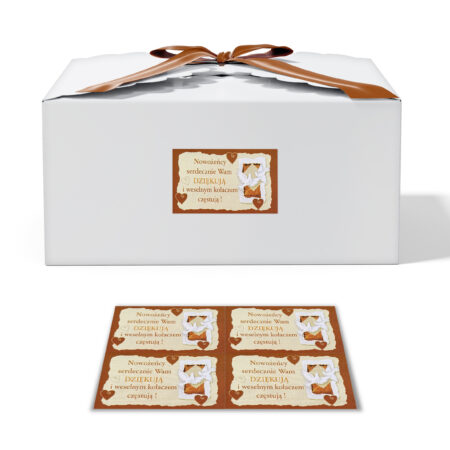 Zdjęcie przedstawia Naklejki na Ciasto Weselne 20 sztuk. "Nowożeńcy serdecznie wam Dziękują i welesnym kołaczem częstują!"