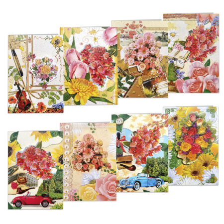 Zdjęcie przedstawia osiem kartek okolicznościowych z motywami kwiatowymi.