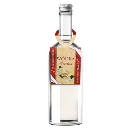 Zdjęcie przedstawia zawieszkę na alkohol z napisami "Wiwat Państwo Młodzi" oraz "Wódka Weselna".
