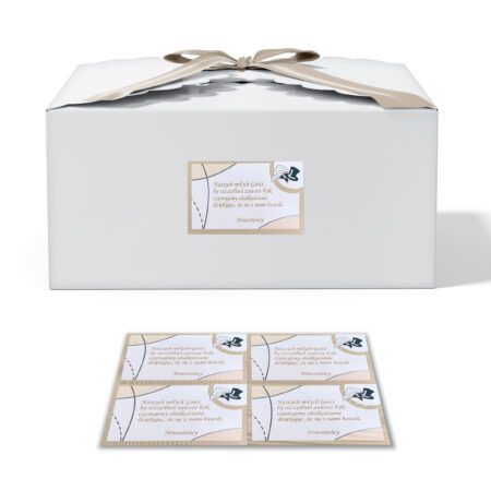 Zdjęcie przedstawia Naklejki na Ciasto Weselne 20 sztuk. " naszych miłych gości by szczęśliwi zawsze byli częstujemy słodkościami dziękująć ze się z nami bawili."