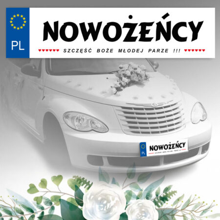 Zdjęcie przedstawia Tablica Ślubna samochodowa Nowożeńcy szczęść boże młodej parze !!!