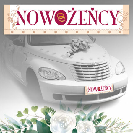 Zdjęcie przedstawia Tablica Ślubna samochodowa Nowożeńcy czerwony napis z obrączkami