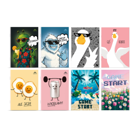 Zdjęcie przedstawia osiem okładek z serii "drip i luz" ze śmiesznymi okładkami. W skład serii wchodzą: -SIGMA! – Zielony kosmita w hawajskiej koszuli, z drinkiem w ręku i bezstresowym podejściem do życia. Idealny dla tych, którzy chillują nawet przed klasówką. -DRIP KING – Biały yeti w okularach przeciwsłonecznych. Styl? 100%. Król szkolnego korytarza. -Okulary Goose Life – Gęś z pikselowymi okularami i gestem „yo”. Odlotowy minimalizm. -GĘŚ RZĄDZI – Królewska gęś w pastelowym klimacie. Tylko dla tych, którzy lubią przejąć kontrolę nad klasą! -ALE JAJA! – Dwa uśmiechnięte jajka sadzone. Poranna motywacja w wersji totalnie pozytywnej. -WYCISKAMY! – Puszka energii na siłce. Siła, motywacja i humor w jednym. -GAME START – Tropiki – Pikselowa plaża, palmy, i gra się zaczyna. Idealny dla fanów gamingu i wakacyjnych klimatów. -GAME START – Kwiaty – Kolorowa, kwiatowa wersja „startu gry”. Trochę Minecrafta, trochę bajki, dużo dobrej energii.