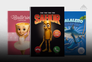 Zdjęcie ukazuje trzy zeszyty z serii Italian Brainrot - różowa okładka z postacią Balleriny Cappucciny, czarna okładka z bohaterem Tung Sahur oraz niebieska okładka z rekinem Tralalero Tralalà w sportowych butach.