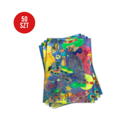 Zdjęcie przedstawia komplet 50 torebek foliopak z folii metalizowanej z motywem cyrkowym - klaunów, piesków i różnych elementów cyrkowych. Torebki utrzymane są w jaskrawej kolorystyce - niebieski, zielony, żółty i odcienie fioletu i czerwieni.