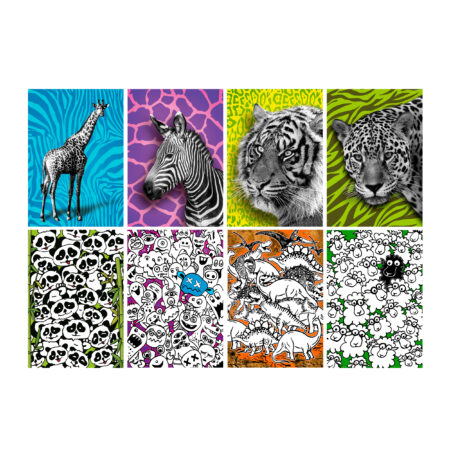 Zdjęcie przedstawia sześć różnych okładek z jaskrawymi tłami i dzikimi zwierzętami w czarno-białych kolorach.