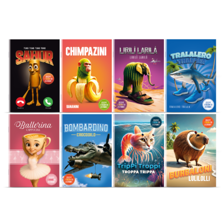 Zdjęcie przedstawia zestaw ośmiu zeszytów z humorystycznymi i surrealistycznymi postaciami z serii Italian Brainrot. Kolekcja obejmuje bohaterów takich jak Tung Sahur - drewniany kołek trzymający kij baseballowy, Chimpazini Bananini - zielony szympans przemieniony w banana, Lirili Larilá - słoń-kaktus w sandałach, Tralalero Tralala - rekin z nogami w sportowych butach, Ballerina Cappuccina - filiżanka baletnica, Bombardino Crocodilo - samolot-krokodyl lecący po niebie, Trippi Troppi - kot z ciałem krewetki w podwodnym świecie oraz Burbaloni Lulilolli - kapibara przemieniona w kokosa stojąca na plaży.