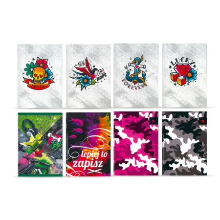 Zdjęcie przedstawia cztery zeszyty z szarymi okładkami i różnokolorowymi wzorami, okładkę z napisem "Lepiej to zapisz", różową okładkę ze wzorem kamuflażu oraz czarno-białą okładkę ze wzorem kamuflażu.