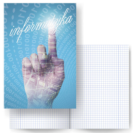 Zdjęcie przedstawia zeszyt do informatyki w kratkę na niebieskim tle.