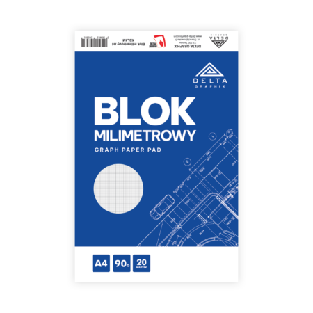 Zdjęcie przedstawia blok milimetrowy w formacie A4. Blok posiada 20 kartek a jego gramatura to 90 g/m².
