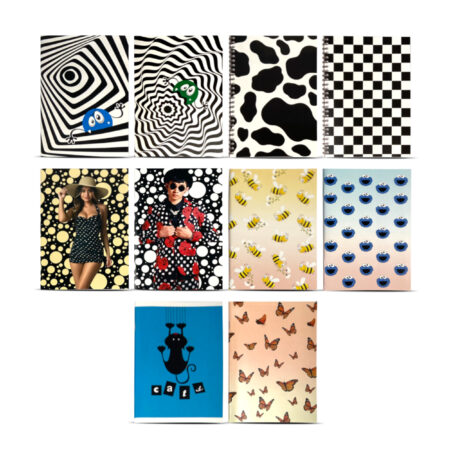 Zdjęcie przedstawia różne wzory okładek z iluzjami optycznymi, krowimi łatami, szachownicą, postaciami na tłach w kropki, pszczółkami, ciasteczkowym potworem, kotem i motylkami.