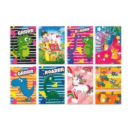 Zdjęcie przedstawia kolorowe zeszyty szkolne A5 z okładkami dla dzieci, przedstawiające dinozaury, jednorożca, księżniczkę w zamku oraz koty. Wesołe ilustracje z napisami GRRRR i ROARRR w żywych kolorach.