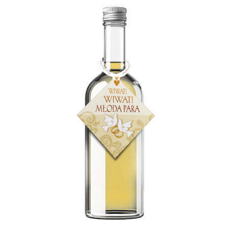 Zdjęcie przedstawia zawieszkę na alkohol z napisem "Wiwat! Wiwat! Młoda Para" i dwoma gołębiami trzymającymi obrączki.