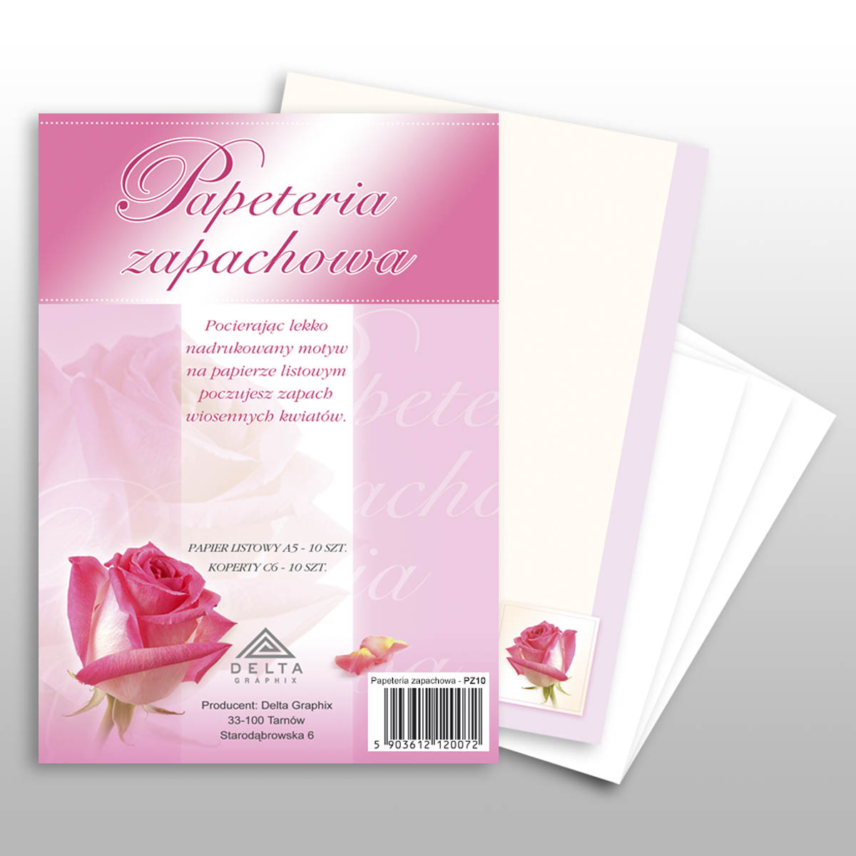 Zdjęcie przedstawia papeterię zapachową Delta Graphix – zestaw papieru listowego A5 (10 szt.) i kopert C6 (10 szt.) z różowym motywem róży. Papier delikatnie pachnie wiosennymi kwiatami po potarciu nadrukowanego elementu. Opakowanie w odcieniach różu z grafiką róży i logotypem Delta Graphix.