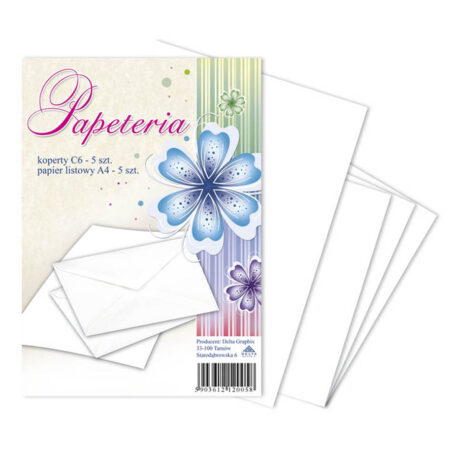 Na zdjęciu widoczna jest papeteria biała Delta Graphix – zestaw papieru listowego A4 (5 szt.) i kopert C6 (5 szt.) w kolorze białym. Opakowanie ozdobione motywem niebiesko-fioletowych kwiatów z zielono-fioletowymi paskami w tle. Widoczne białe koperty i arkusze papieru.