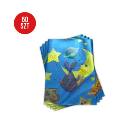 Zdjęcie przedstawia komplet 50 torebek foliopak z folii metalizowanej z wzorami żółtych gwiazd, planet i księżyców na niebieskim tle w czarne kropki.