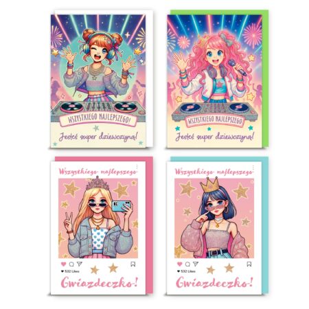 Zestaw czterech kolorowych kartek okolicznościowych w stylu anime/manga dla dziewczyn. Dwie górne kartki przedstawiają DJ-ki grające muzykę na tle fajerwerków, z napisami „Wszystkiego najlepszego! Jesteś super dziewczyną!”. Dwie dolne kartki pokazują stylowe dziewczyny w koronie i modnych ubraniach, stylizowane na posty z Instagrama, z napisami „Wszystkiego najlepszego, Gwiazdeczko!”.