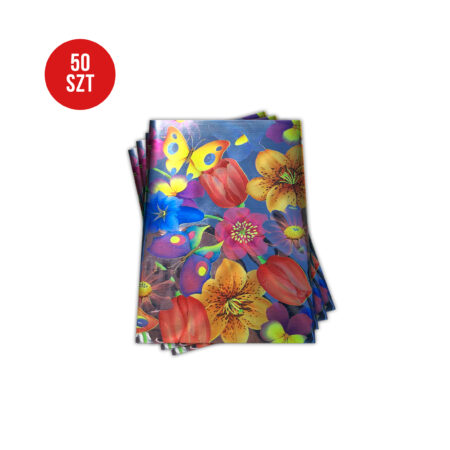 Zdjęcie przedstawia komplet 50 torebek foliopak z folii metalizowanej z motywem kwiatów i motyli - kolorystyka utrzymana jest w wyrazistym klimacie - czerwienie, granat, pomarańcz i róż.