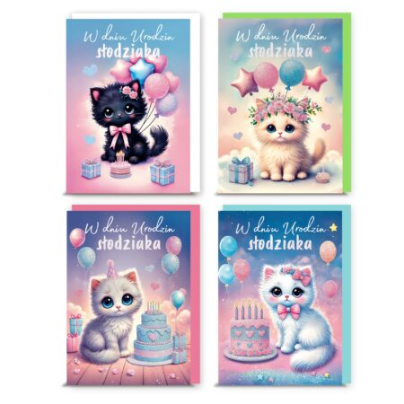 Zdjęcie przedstawia cztery kartki urodzinowe brokatowe z motywem słodkich kotków i napisem "W dniu urodzin słodziaka". Wszystkie kartki utrzymane są w pastelowych odcieniach. Pierwsza w kolorach, różowo-niebieskich, z czarnym kotkiem o niebieskich oczach z różową kokardką. Druga kolorach brzoskwiniowo-niebieskich, z rudawym kotkiem o niebieskich oczach siedzącym z wieńcem kwiatów na głowie. Kolejna kolorach granatowo-różowych, z białym kotkiem o niebieskich oczach, siedzącym przy torcie, w różowej czapeczce urodzinowej. Ostatnia również w kolorach granatowo-różowych, z białym kotkiem o niebieskich oczach, siedzącym przy torcie, z różową kokardką na uchu. Pokazane są kolorowe koperty, które dołączone są do kartek.