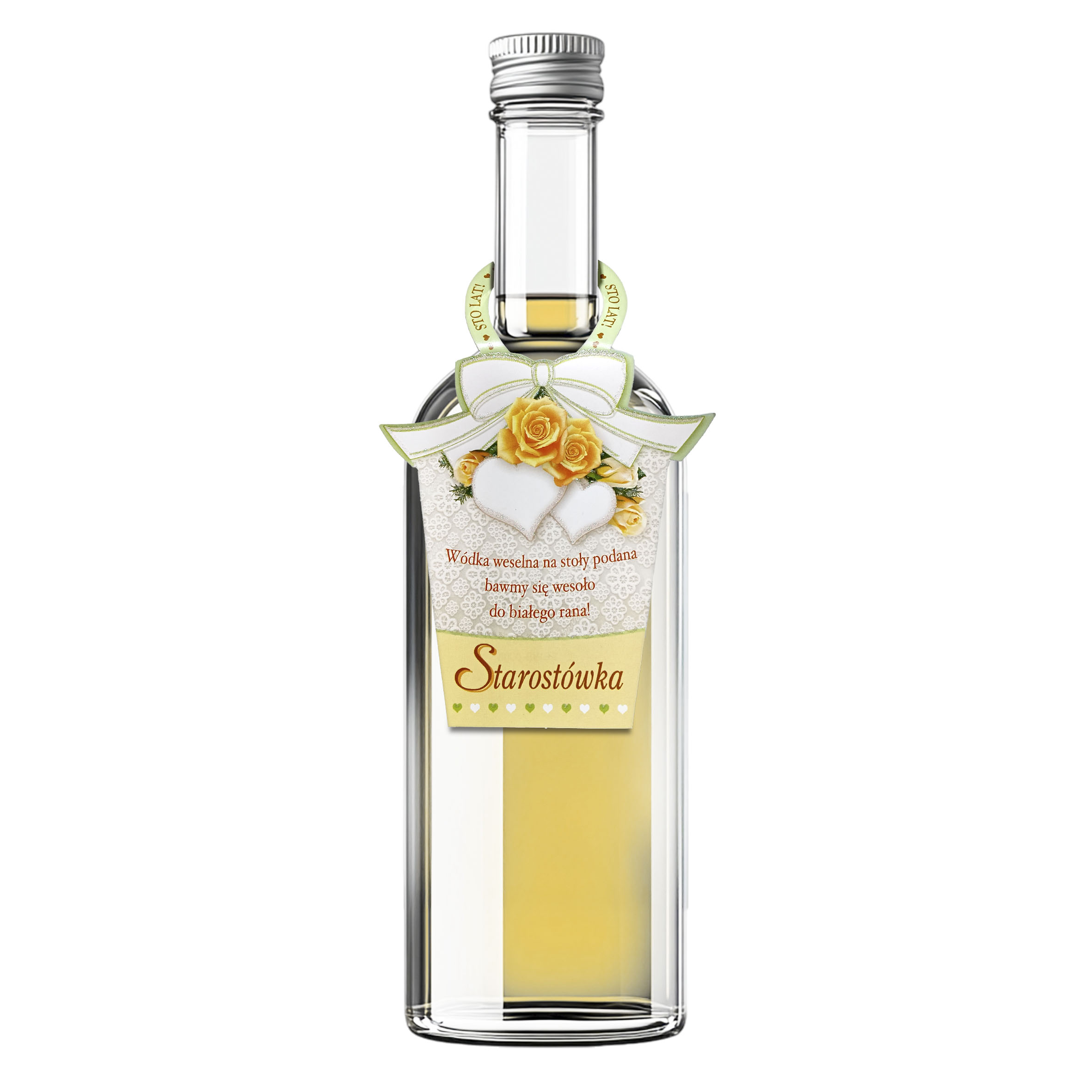 zawieszkę na alkohol - "Starostówka" z napisem "Wódka weselna na stoły podana bawmy się wesoło do białego rana