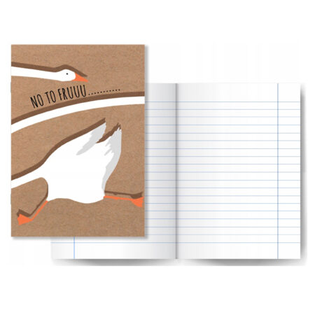 Zdjęcie przedstawia zeszyt w linię z motywem Gęsi Pipa i napisem "NO TO FRUUU..." na jasno-brązowym tle.