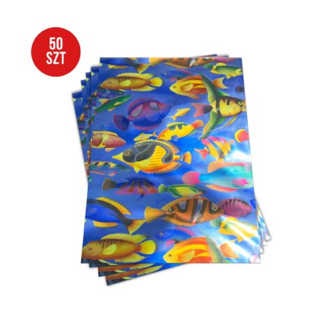 Zdjęcie przedstawia komplet 50 torebek foliopak z folii metalizowanej z motywem różnokolorowych rybek na niebieskim tle.