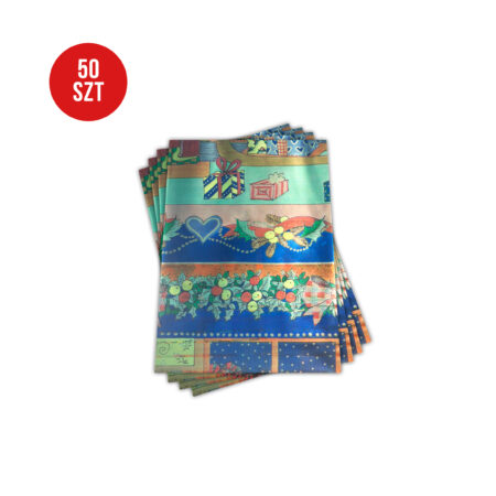 Zdjęcie przedstawia komplet 50 torebek foliopak z folii metalizowanej z motywami bożonarodzeniowymi – prezenty, serca, stroiki i ozdobne pasy w kolorystyce zielono-niebieskiej.