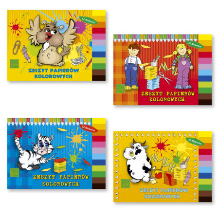 Zdjęcie przedstawia cztery zeszyty papierów kolorowych.