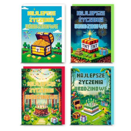 Zdjęcie przedstawia kartki urodzinowe w stylu minecraft z napisem "Najlepsze życzenia urodzinowe". Na kartkach znajdują się różne scenerie z motywem urodzinowym.