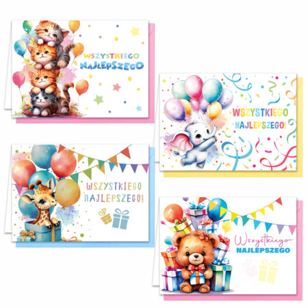 Zdjęcie przedstawia zestaw czterech kartek urodzinowych. Kartki są z motywem prezentów, balonów i słodkich zwierząt, takich jak kotki, słoń, żyrafa czy miś.