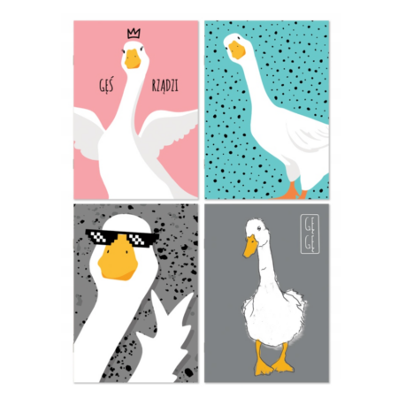 Zdjęcie przedstawia cztery okładki zeszytów z humorystycznymi ilustracjami gęsi: Na pierwszej znajduje się gęś na różowym tle z koroną i napisem „GĘŚ RZĄDZI”, kolejna to gęś na turkusowym tle w czarne kropki. Na trzeciej ukazana jest gęś w okularach „deal with it” na szarym tle w czarne plamki. Na ostatniej jest gęś na ciemnoszarym tle z żółtymi łapami i napis „GĘ GĘ”.