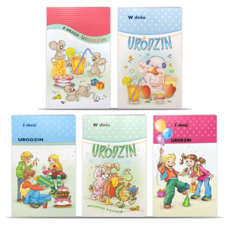 Zdjęcie przedstawia pięć kolorowych kartek urodzinowych z rysunkowymi ilustracjami. Motywy przedstawiają m.in. myszki przy serze i napojach, postać ptaka w słuchawkach, grupkę dzieci przy torcie, zwierzątka z prezentami oraz dzieci z balonami.