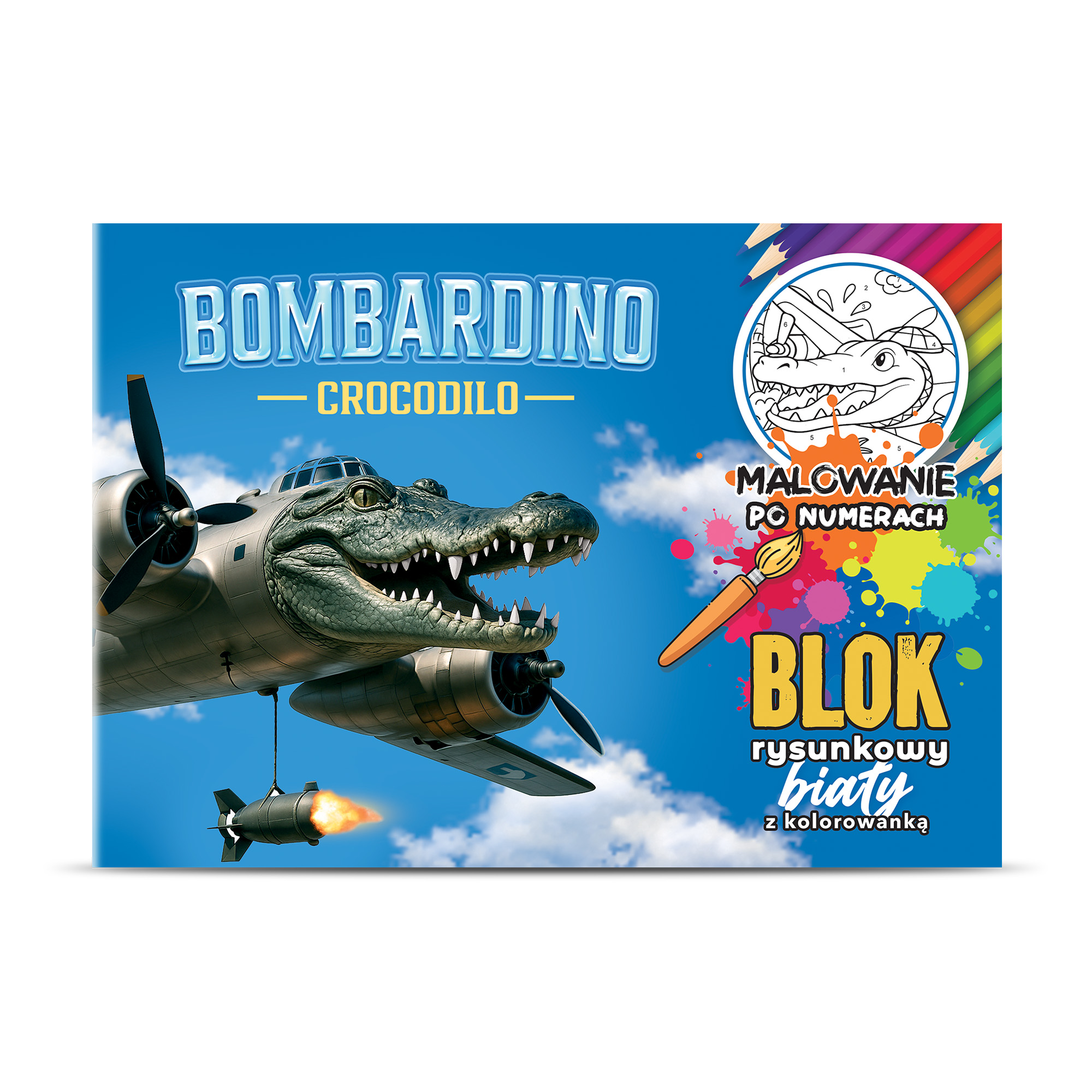 Zdjęcie przedstawia blok rysunkowy biały A4 z kolorowanką. Okładka przedstawia Bombardino Crocodilo - samolot z głową krokodyla lecący po niebie.