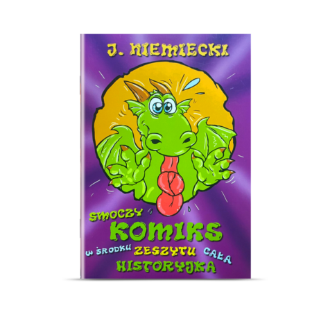 Zeszyt szkolny w kratkę do języka niemieckiego z fioletową okładką. Na środku zielony smok z wyciągniętym językiem i zabawnym wyrazem twarzy.